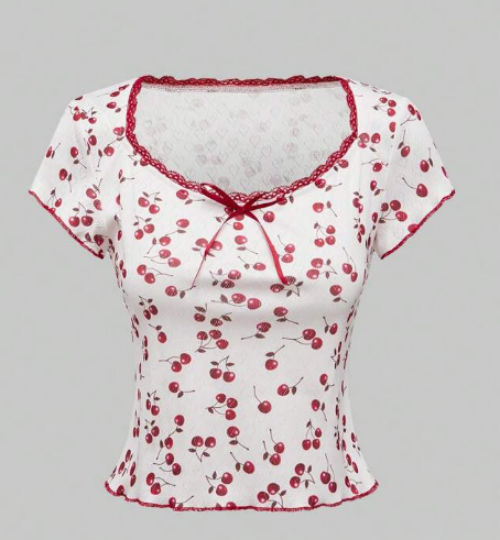 Shein Women's Casual Square Neck Cherry & Bow Graphic Tee, M +