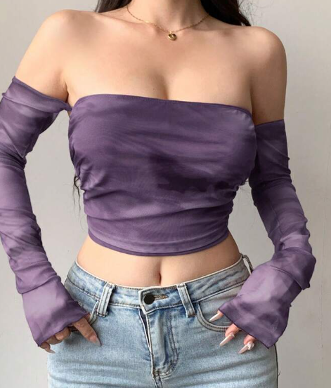 Shein Tie Dye Sheer Mesh Cropped Off Shoulder Long Sleeve, L +
