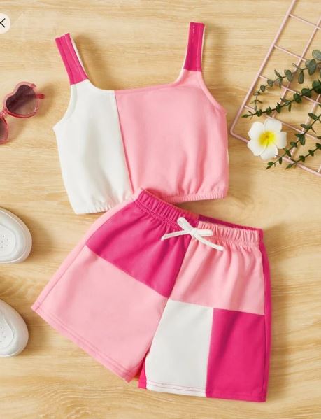 Shein Young Girl Colorblock Cami Top & Knot Waist Shorts, 7T +