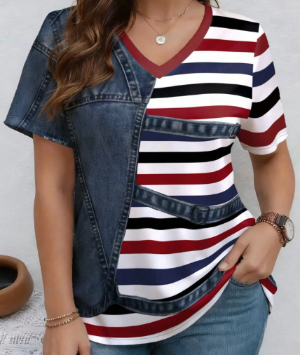 Shein Patchwork Striped Pattern V-Neck Short Sleeve Casual Plus Size T-Shirt -.