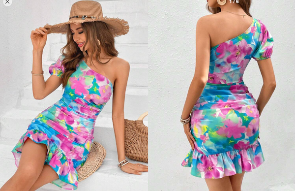 Shein One Shoulder Flower Print Slim Fitted Women's Dress, L +