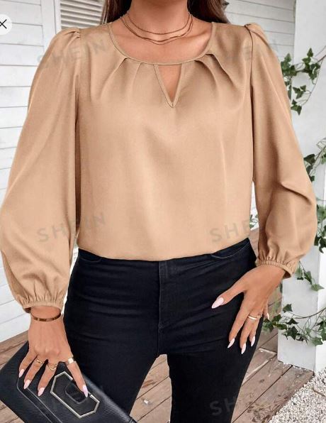 Shein Plus Size Lantern Sleeve Shirt With Keyhole Collar, 0XL /