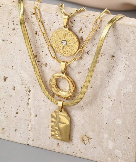 Shein 3pcs Stainless Steel Golden Yellow Light Set With Diamonds, 3 Different Styles Of Necklaces +