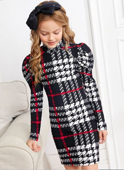 Shein Kids Tween Girl Plaid Gigot Sleeve Stand Collar Dress +