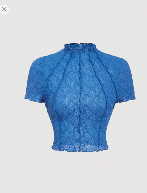 Shein Blue Knitted See-Through Stand Collar T-Shirt, M +