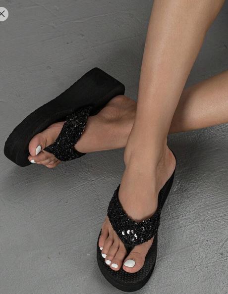 Shein Women's Gorgeous Black Glitter Decorated Flip Flops, Size: 36 */