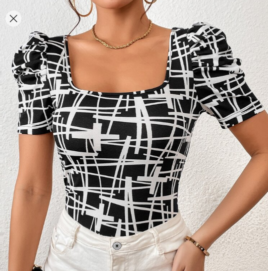 Shein Allover Print Puff Sleeve Tee, +