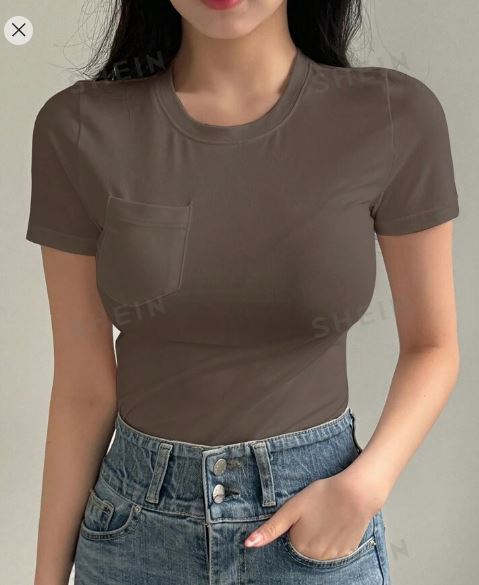 Shein Solid Color Round Neck Short Sleeve Casual T-Shirt With Pocket, S /