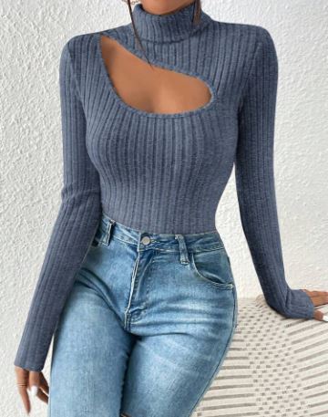 Shein Frenchy Cut Out Turtleneck Asymmetrical Top Textured Fabric Tee, M +