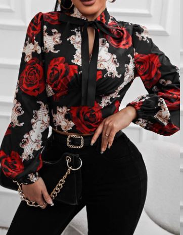 Shein Floral Print Lantern Sleeve Tie Neck Blouse, XXL +