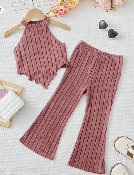 Shein Young Girl Lettuce Trim Halter Top & Flare Leg Pants, 6T +