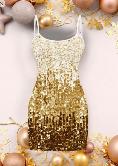 Shein Party Gold Sequin Pattern Minimalist Cami Bodycon Mini Dress, M +