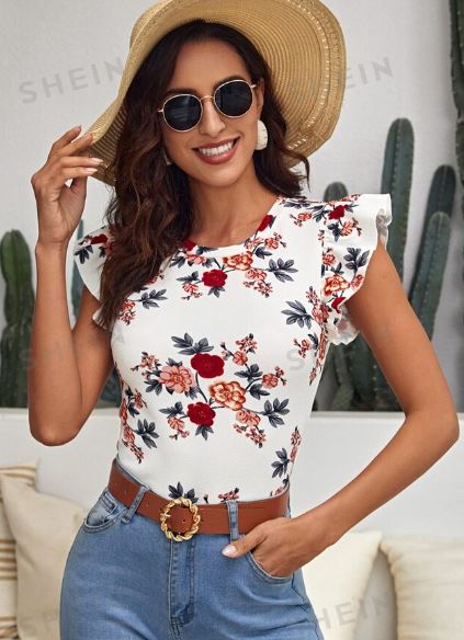 Shein Floral Print Butterfly Sleeve Tee, S */