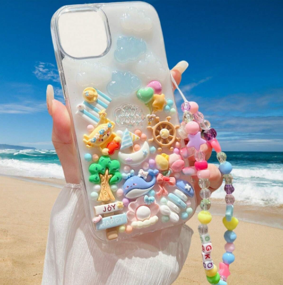 1pc Cute Beach/Slipper Party/Pink Girl Series Thickened Glitter Soft Shell Phone Case With Full-Shell Accessory/Colorful Beaded Star Shaped Strap>