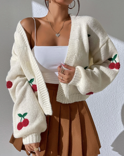 Shein Unity Cherry Embroidery Lantern Sleeve Cardigan, L +