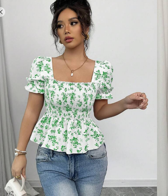 Shein Women's Summer Ditsy Floral Square Collar Ruffle Trim Shirt, M +