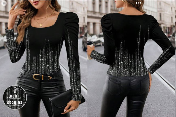 Shein Black & Silver Faux Rhinestone Printed Square Neck Long Sleeve Fitted T-Shirt +