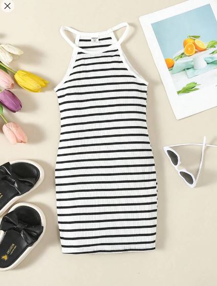 Shein Young Girls' Casual Striped & Printed Sleeveless Dress, 6T /