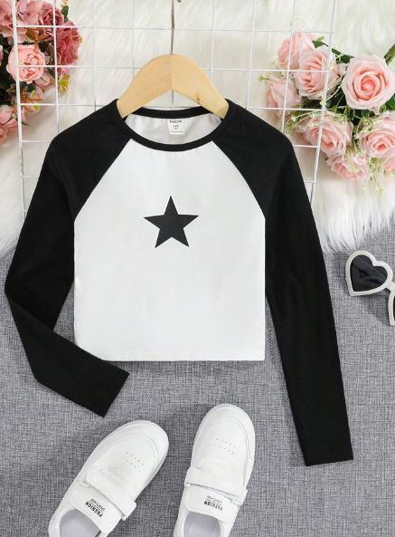 Shein Tween Girl Star Print Raglan Sleeve Tee, 11-12T +
