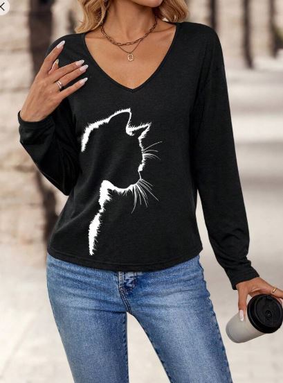 Shein Casual Minimalist Cat Shadow Regular V-Neck Long Sleeve T-Shirt, M /