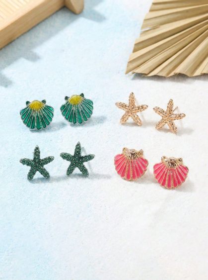 Shein 4 Pairs Ocean Style Minimalist Elegant Women Fashion Earrings >