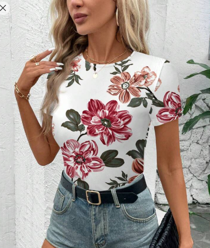 Shein Women's Casual Flower Print Slim Fit Round Neck Short Sleeve T-Shirt, XL +