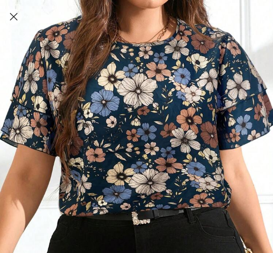 Shein Plus Size Women Khaki Base Printed Sleeve Double Ruffle Hem Blouse, XXL +