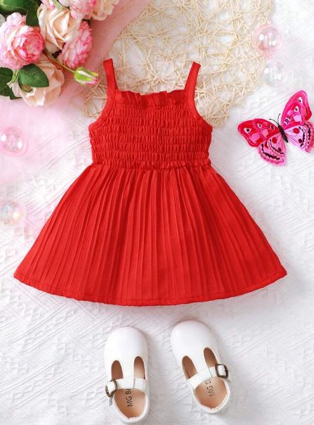 Shein Baby Girl Solid Color Ruffle Hem Decorated Spaghetti Strap Dress, 12-18M /