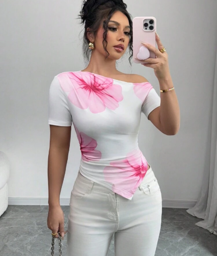 Shein 1pc Women's Floral Print Oblique Shoulder Short Sleeve Fitted Top, M +