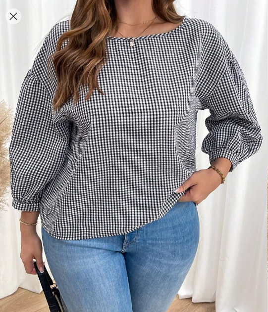 Shein Plus Size Mid-Long Sleeve Black And White Plaid Loose Shirt, 4XL +