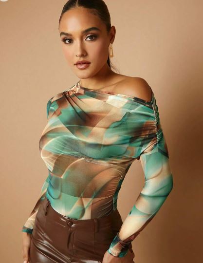 Shein Allover Print Asymmetrical Neck Mesh Top, +