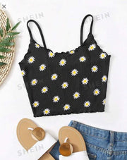 Shein Women's Daisy Print Lettuce Trim Cami Top, S +