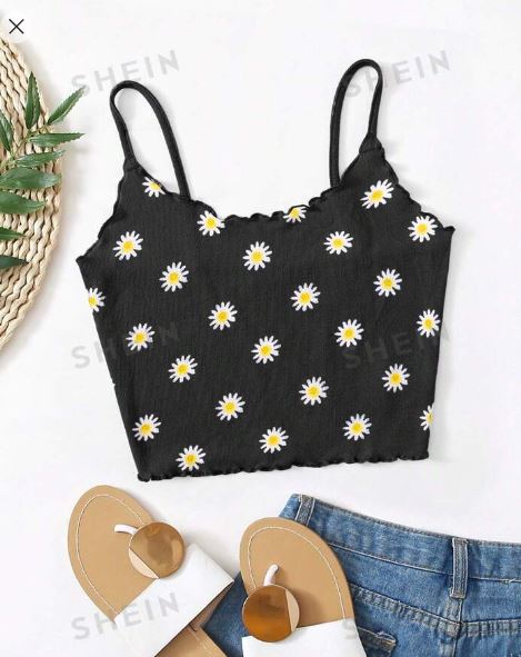 Shein Women's Daisy Print Lettuce Trim Cami Top, S +