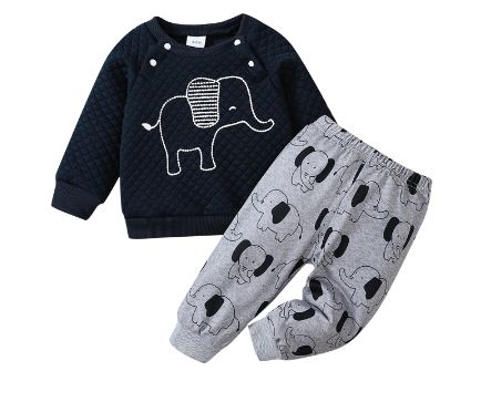 Pat Pat 2pcs Baby Boy Elephant Graphic Long-sleeve Textured Top & Allover Print Pants Set, 3-6M */
