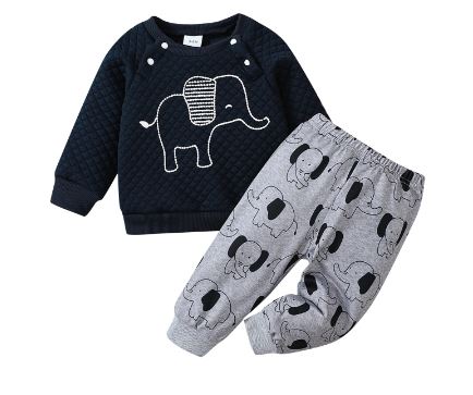 Pat Pat 2pcs Baby Boy Elephant Graphic Long-sleeve Textured Top & Allover Print Pants Set, 3-6M +