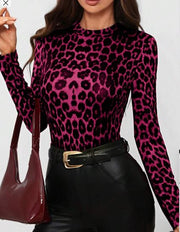 Shein Retro Modern Turtleneck Fitted Leopard Print T-Shirt >