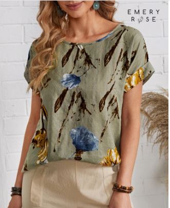 Shein Floral Print Cuffed Top, M */