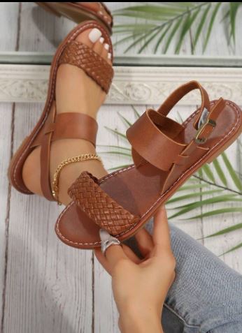 Shein New Coffee Brown Woven Leather Strap Flat Sandals, Size: 39 +