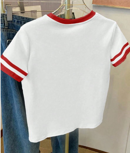 Shein Women's Cherry Print Graphic Loose Casual Strip Round Neck T-Shirt, M >