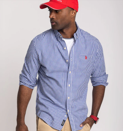 U.S. Polo Long Sleeve Gingham Yarn Dye Poplin Shirt, L +