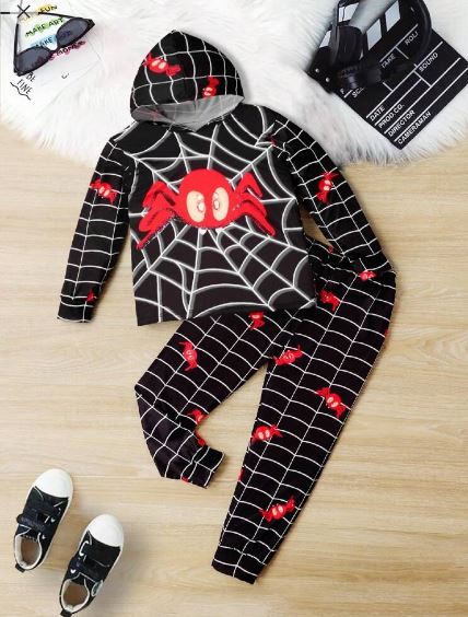 Shein Young Boy Spider Pattern Long Sleeve Hooded Set, 3-4T