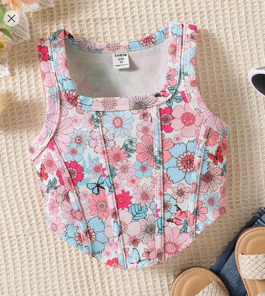 Shein Young Girl Knitted Printed Round Neck Asymmetric Hem Casual Tank Top, 6T +