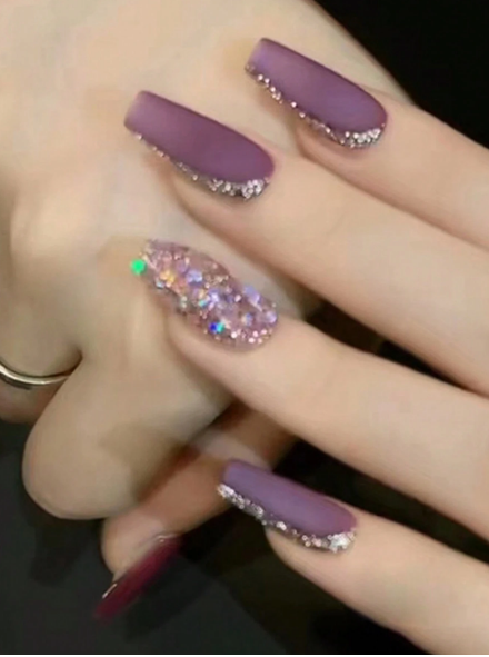 Shein 24pcs/Set Long Coffin Shape Frosted Texture Grape Purple Nail Set +