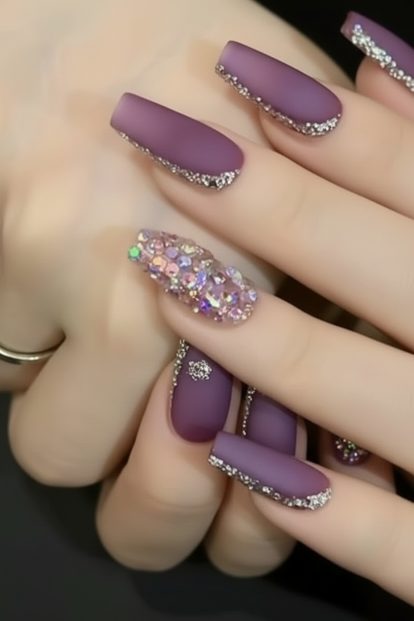 Shein 24pcs/Set Long Coffin Shape Frosted Texture Grape Purple Nail Set +