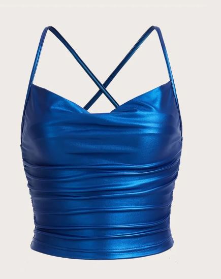 Shein Metallic Draped Front Crisscross Backless PU Leather Cami Top +