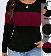 Shein Plus Size Contrast Color Round Neck Ribbed Casual T-Shirt >