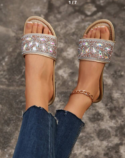 Shein Square Toe Slip-On Slippers, Flat Heel, Rhinestone & Pearl Decor, Size: 39 +