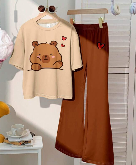 Shein 2pcs Cute Capybara Cartoon Animal Print Tween Girls Casual Set, 12T +