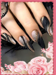 Shein Mid-Short Almond Shape French Striped Black Ombre Matte 24pcs Reusable Fake Nail>