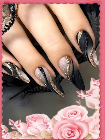 Shein Mid-Short Almond Shape French Striped Black Ombre Matte 24pcs Reusable Fake Nail>